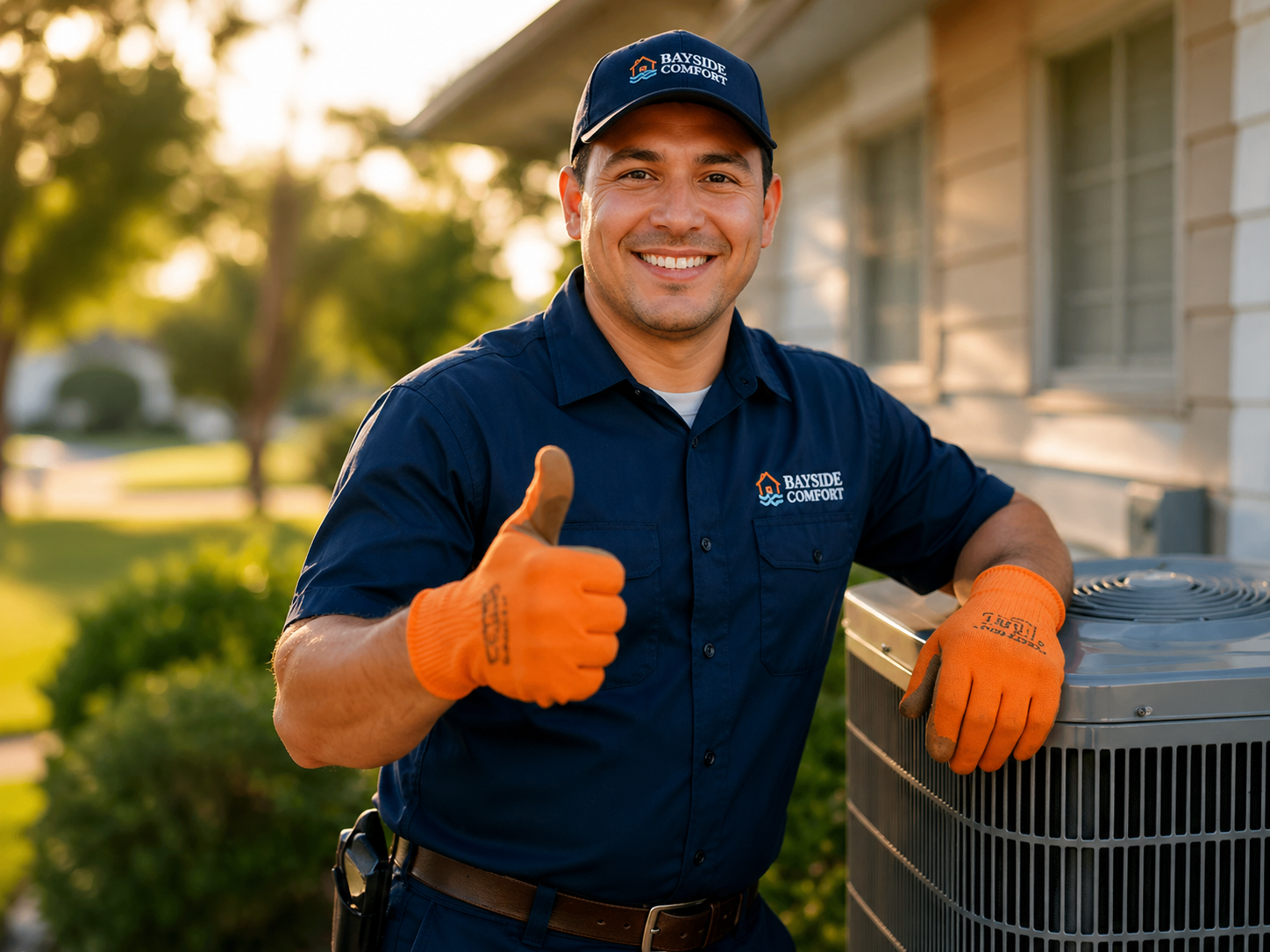 Bayside Comfort technician standing beside an outdoor AC condenser